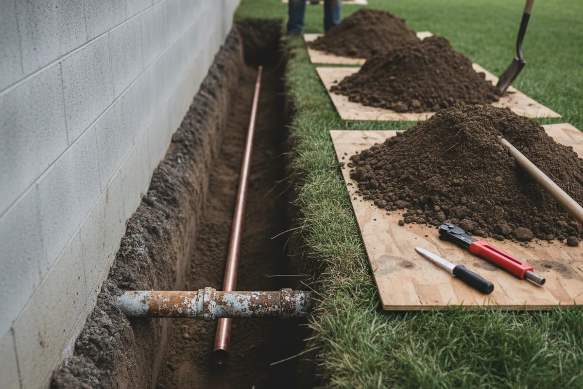 Excavated water line trench during Water Softener Installation in Lewisville